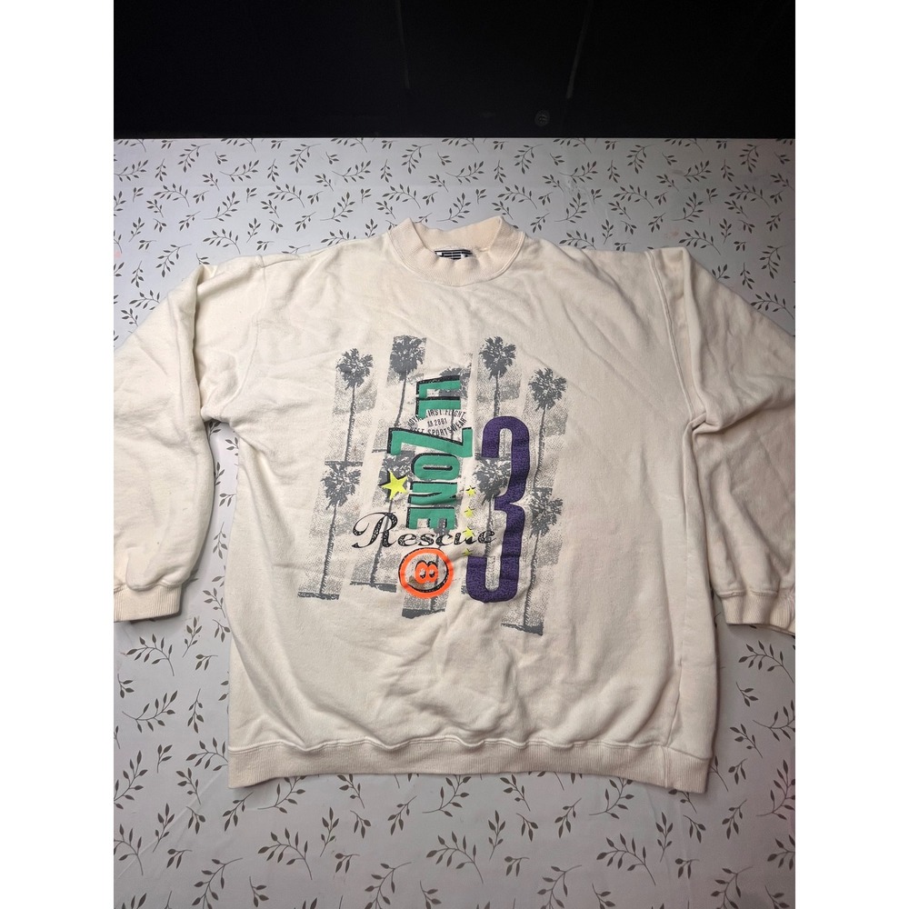 Vintage HEET Crewneck Sweatshirt Cream 90s Graphic Palm Tree Rescue 3 Mens Small